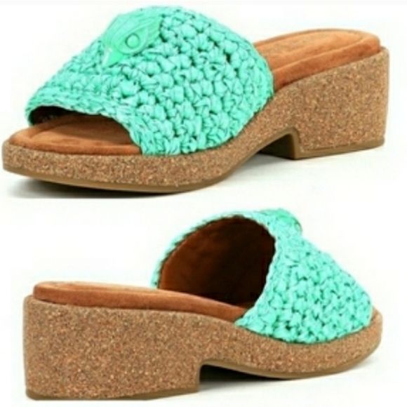Kurt Geiger Boho Chic Turquoise Crochet Wedge Slip-On Slide Sandals New - Picture 3 of 7